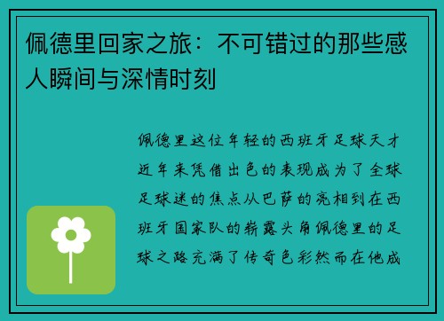 佩德里回家之旅：不可错过的那些感人瞬间与深情时刻