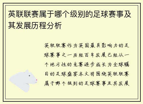 英联联赛属于哪个级别的足球赛事及其发展历程分析